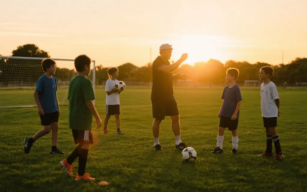 傍晚的社区训练场，青少年在教练指导下练习传球，暖色夕阳氛围