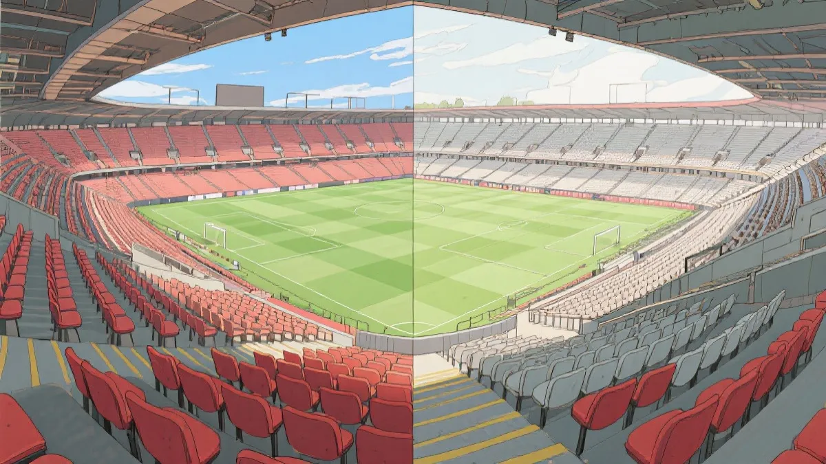 球迷在球场座位区对比视角的示意画面