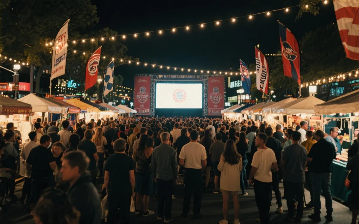 球迷广场与街头市集的观赛氛围，旗帜与灯串，夜晚人群聚集